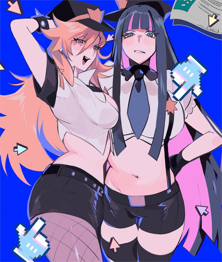 2girls, black_hair, black_headwear, black_legwear, black_shorts, blonde_hair, blue_background, breasts, cropped_shirt, cursor, fishnet_legwear, fishnets, hat, highres, large_breasts, long_hair, looking_at_viewer, mayana_(bbpp), medium_breasts, midriff, multiple_girls, navel, panty_&amp;_stocking_with_garterbelt, panty_(psg), pantyhose, pink_hair, pointing, police_hat, scowl, shirt, shorts, siblings, sisters, skindentation, smile, stocking_(psg), suspenders, very_long_hair, white_shirt