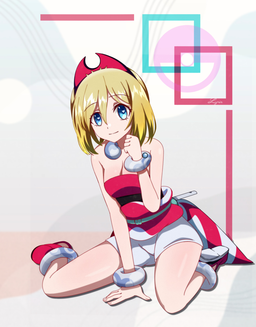 1girl, absurdres, anklet, blonde_hair, blue_eyes, bracelet, closed_mouth, eyelashes, full_body, hair_between_eyes, hat, highres, irida_(pokemon), jewelry, knees, looking_at_viewer, lyrin_(haireirei), medium_hair, neck_ring, nintendo, pokemon, pokemon_legends:_arceus, red_hat, red_shoes, sash, shirt, shoes, shorts, sleeveless, sleeveless_shirt, solo, standing, transparent_background, white_shorts