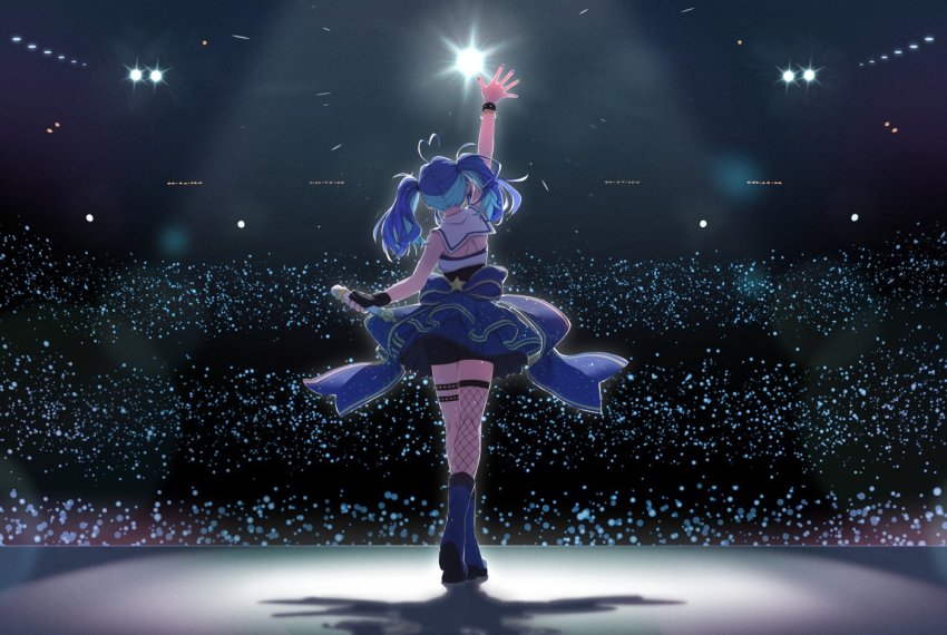 1girl, ahoge, alive_musix, arm_up, blue_footwear, blue_hair, boots, concert