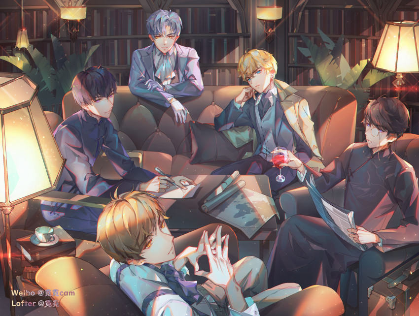 5boys, absurdres, alcohol, bai_qi_(love_and_producer), blonde_hair, blue_eyes, book, bookshelf