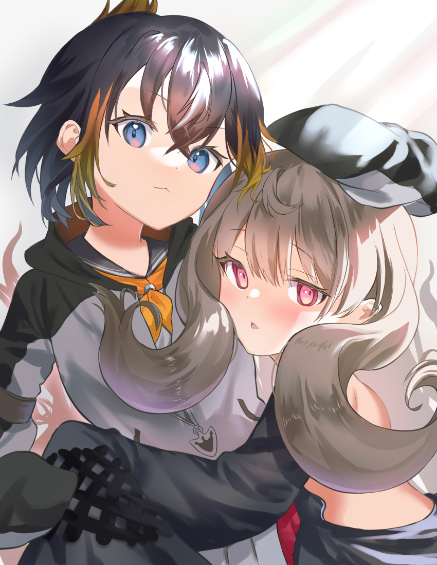 2girls, backless_dress, backless_outfit, black_dress, black_hoodie, blue_eyes, brown_hair, commentary