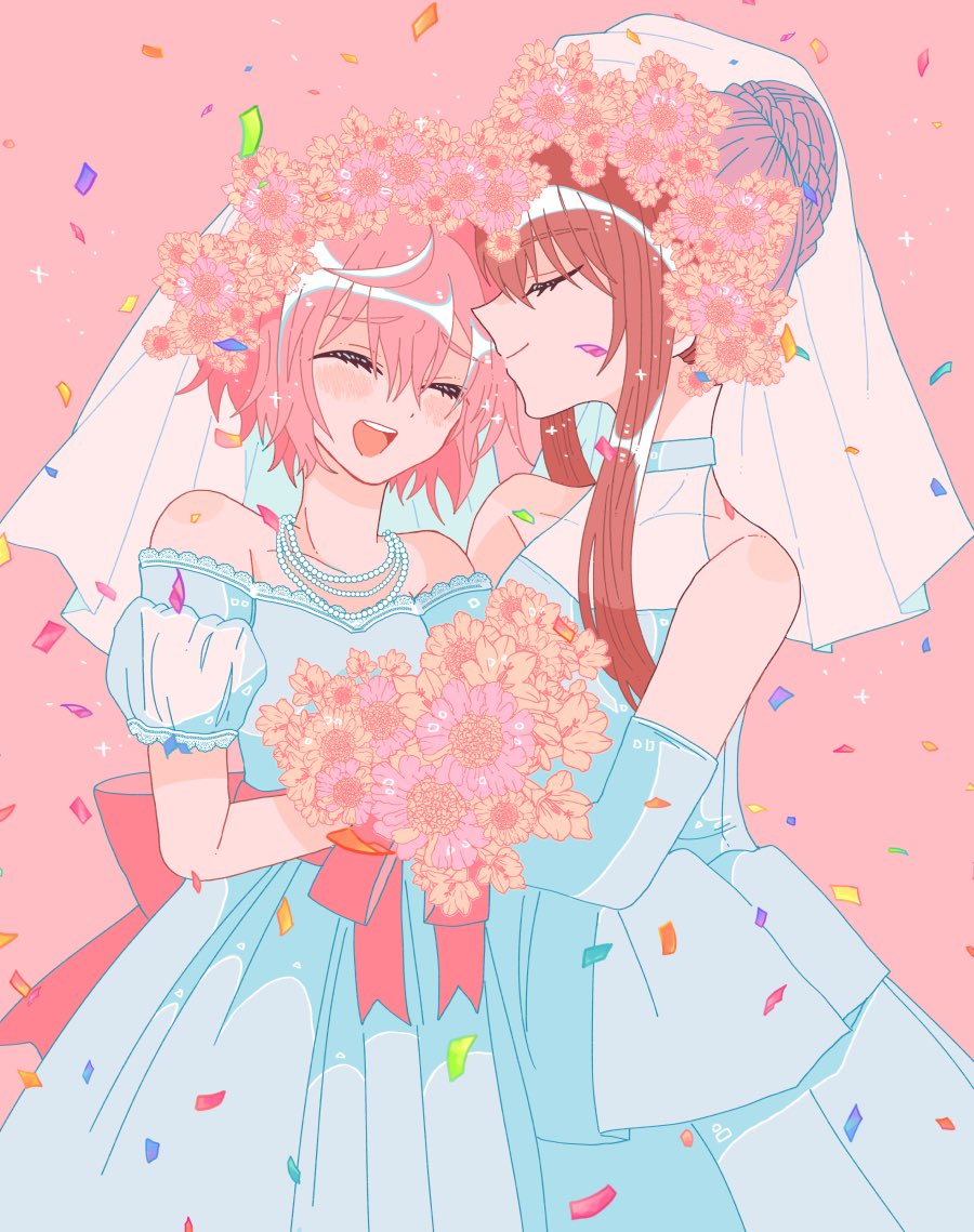 2girls, bare_shoulders, blush, bouquet, bridal_veil, bride, brown_hair, confetti