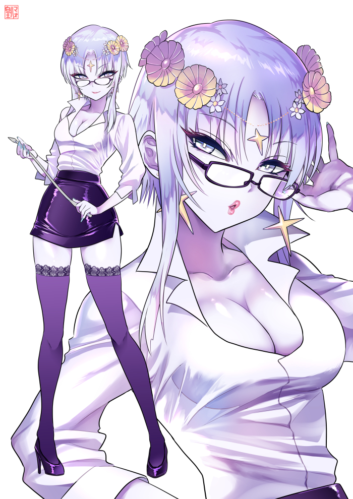 1girl, black_skirt, breasts, cleavage, collarbone, colored_skin, earrings, flower