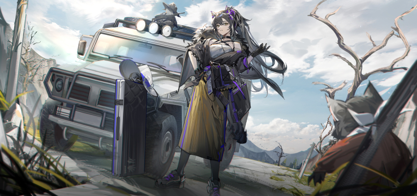 1girl, absurdres, animal_ears, arknights, black_gloves, car, choker, gaz_2330_tigr