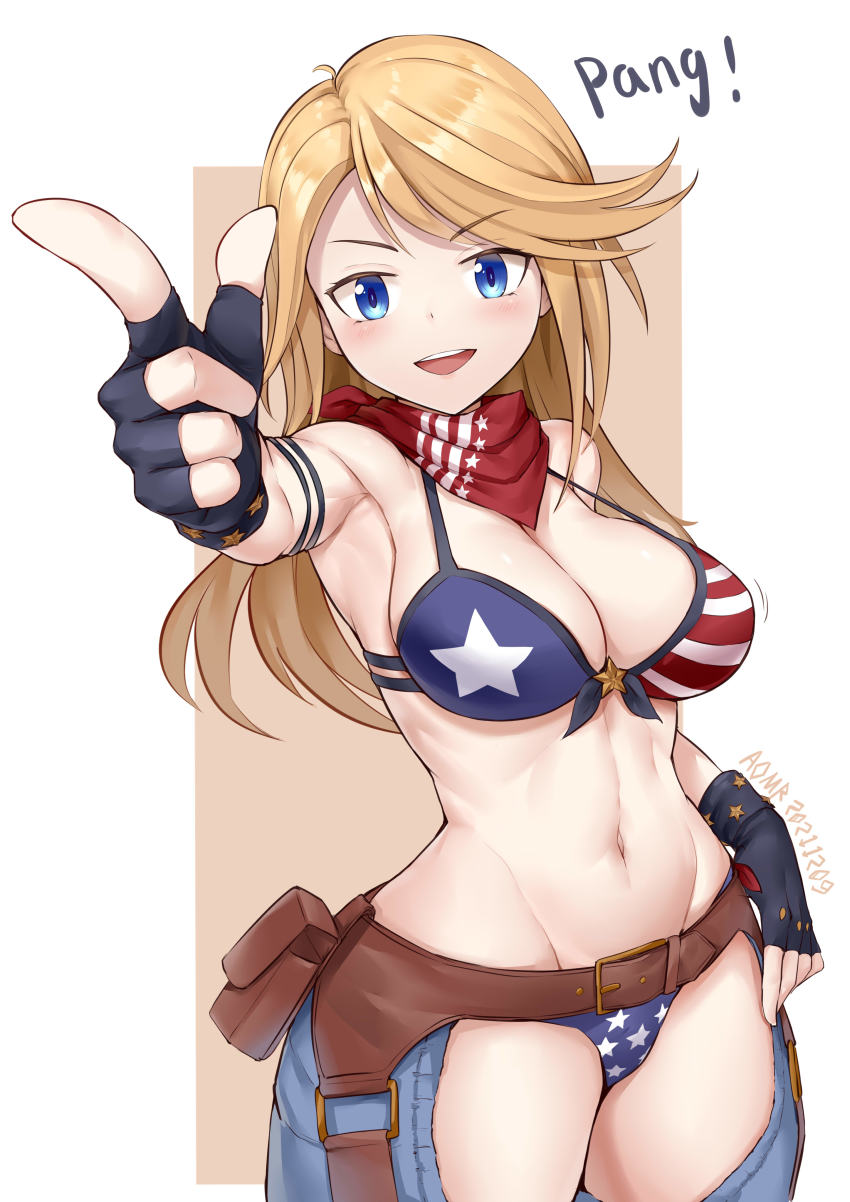 1girl, :d, absurdres, alice_gear_aegis, american_flag, american_flag_bikini, american_flag_print, aomoro, arm_strap, armpits, artist_name, bare_shoulders, belt, belt_pouch, bikini, black_gloves, blonde_hair, blue_eyes, blush, bouncing_breasts, breasts, brown_belt, chaps, cleavage, cowboy_shot, dated, dated_commentary, finger_gun, fingerless_gloves, flag_print, flag_print_bikini, gloves, groin, highres, large_breasts, liberian_flag_bikini, long_hair, looking_at_viewer, motion_lines, navel, open_mouth, pouch, print_bikini, red_scarf, scarf, shirley_oakley, sidelocks, smile, solo, standing, stomach, swept_bangs, swimsuit, teeth, upper_teeth_only, white_background