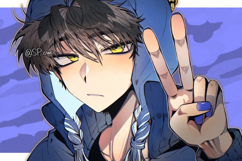 1boy, black_hair, blue_background, blue_jacket, blue_nails, brown_hair, chullo, craig_tucker