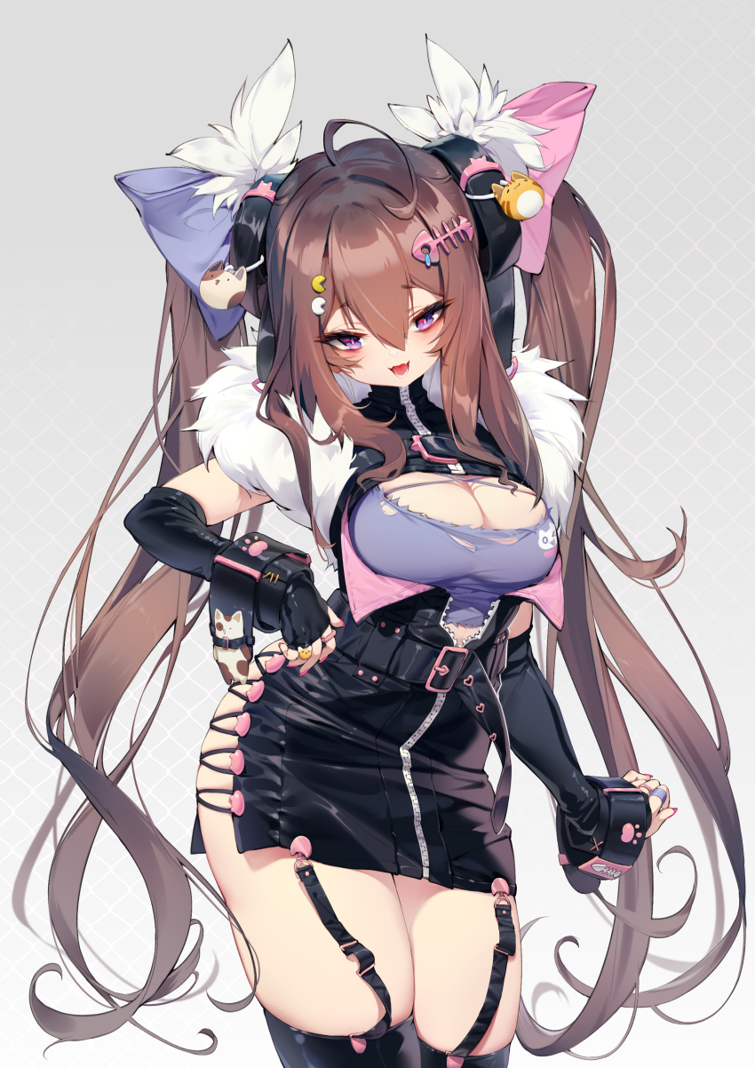 1girl, :d, absurdres, ahoge, animal-themed_ring, animal_print, belt, black_dress, black_gloves, black_thighhighs, blush, breastless_clothes, breasts, brown_hair, cat_hair_ornament, cat_print, cleavage, commentary, cowboy_shot, dress, elbow_gloves, english_commentary, fangs, fingerless_gloves, fish_skeleton, fur_trim, garter_straps, gloves, gradient_background, grey_background, hair_ornament, hair_ribbon, hairclip, hand_on_own_hip, highres, jewelry, long_hair, mixed-language_commentary, nail_polish, nana_ann, open_clothes, open_dress, open_mouth, original, paw_print, pencil_dress, pink_nails, purple_eyes, ribbon, ring, short_dress, sidelocks, skin_fangs, skindentation, smile, solo, thighhighs, tongue, torn_clothes, twintails, unzipped, very_long_hair, white_background, wrist_cuffs, wrist_extended
