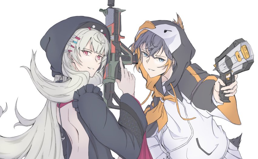 2girls, animal_hood, apex_legends, b3_wingman, backless_dress, backless_outfit, black_dress, black_headwear, black_hoodie, brown_hair, dress, grey_hair, gun, handgun, highres, holding, holding_gun, holding_weapon, hood, hood_up, hoodie, lei_(mcrtj00), looking_at_viewer, multiple_girls, nijisanji, nijisanji_en, orange_hair, penguin_hood, penguin_tail, petra_gurin, petra_gurin_(1st_costume), pink_eyes, reimu_endou, reimu_endou_(1st_costume), revolver, sailor_collar, short_hair, skirt, smile, submachine_gun, tail, trigger_discipline, two-tone_hoodie, virtual_youtuber, volt_smg, weapon, white_hoodie, white_skirt