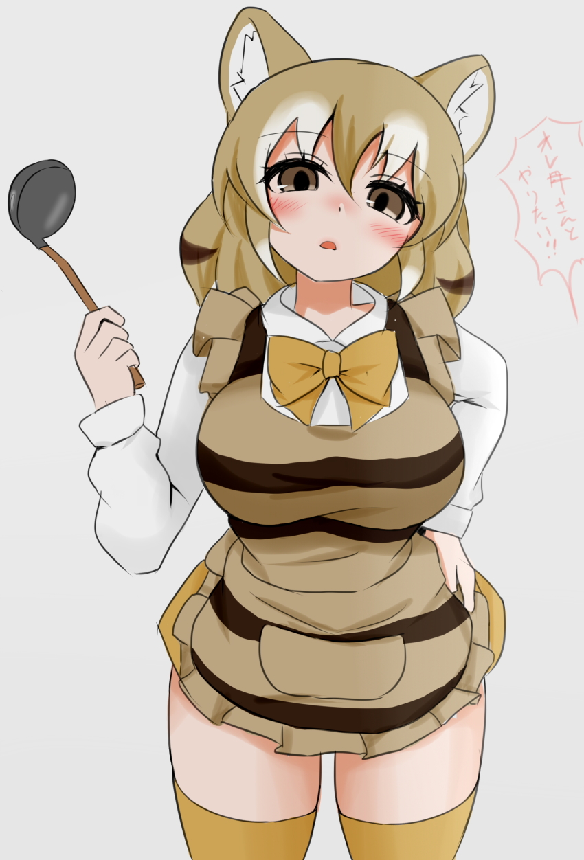 1girl, absurdres, animal_ears, apron, blonde_hair, blush, bow, bowtie