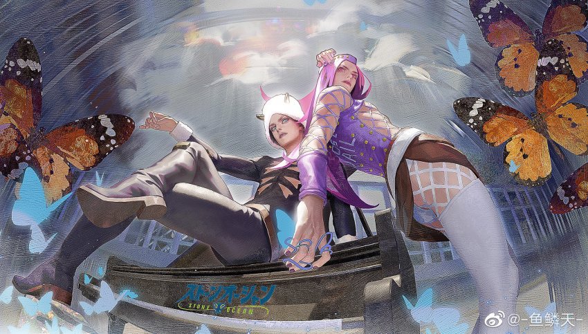 2boys, arm_behind_head, arm_on_knee, arm_support, backless_outfit, bending_backward, blue_butterfly, blue_eyes