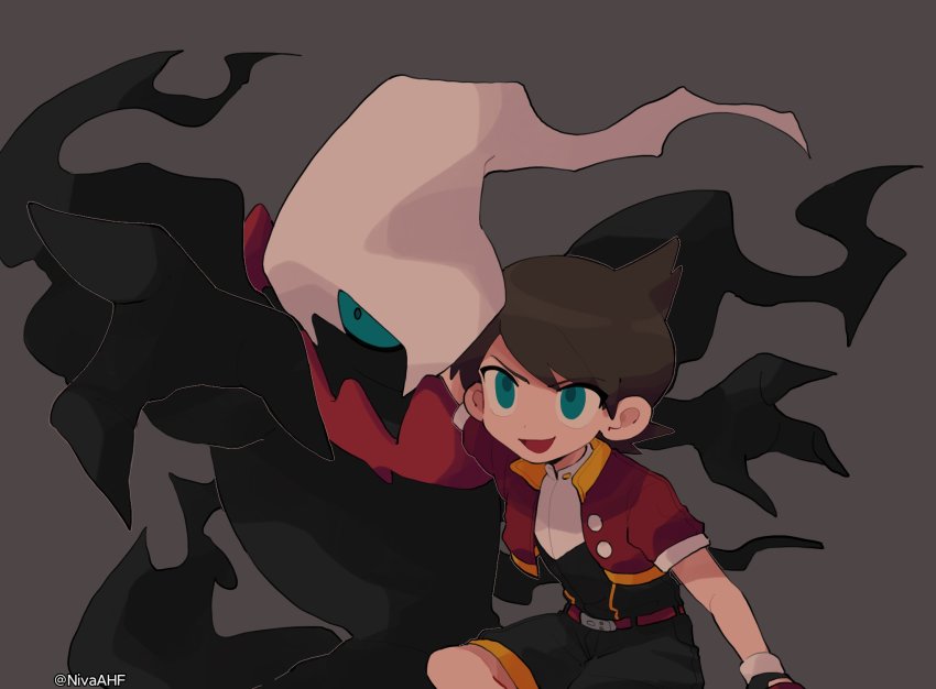 1boy, :d, belt, belt_buckle, black_shorts, brown_belt, brown_hair, buckle