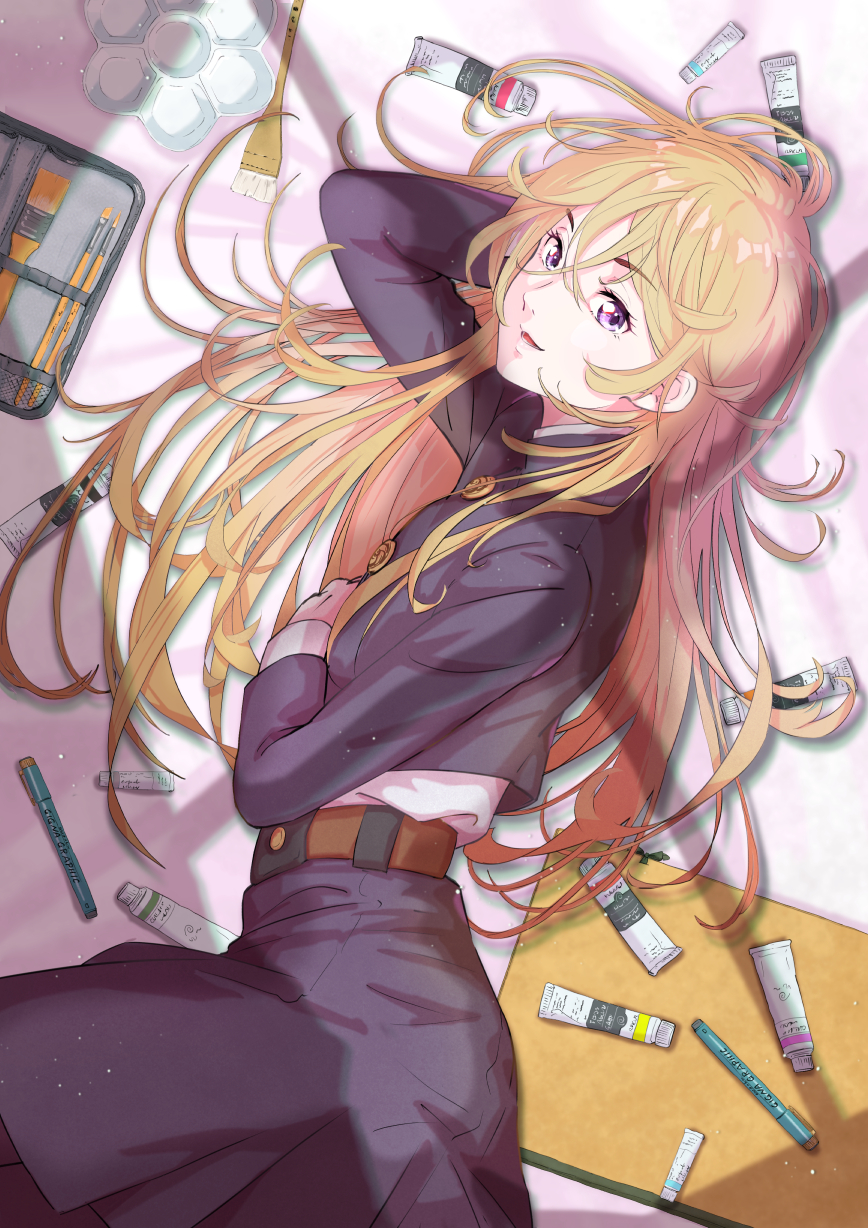 1girl, arakan, ayukawa_ryuuji, belt, black_jacket, black_skirt, blonde_hair, blouse