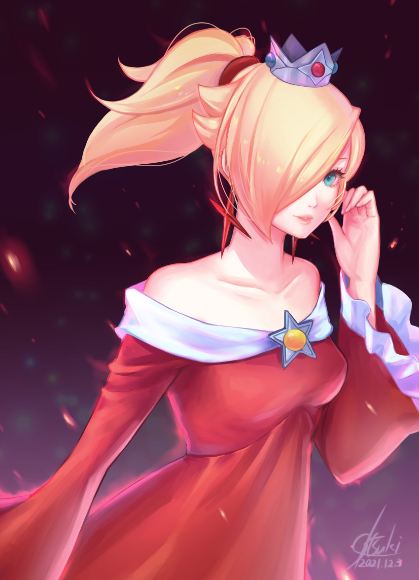 1girl, 2021, absurdres, bare_shoulders, blonde_hair, blue_eyes, collarbone, crown, dated, dress, earrings, fire_rosalina, hair_over_one_eye, highres, jewelry, long_hair, long_sleeves, looking_at_viewer, mario_(series), nintendo, off-shoulder_dress, off_shoulder, parted_lips, ponytail, red_dress, rosalina, signature, smile, solo, standing, super_mario_3d_world, tsuki_(applebeniakari), wide_sleeves