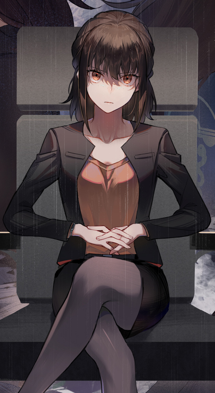 1girl, black_jacket, black_skirt, brown_eyes, brown_hair, closed_mouth, collarbone, crossed_legs