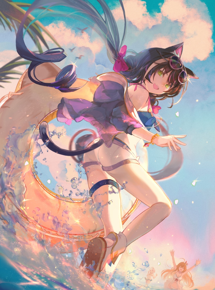 3girls, :d, absurdres, animal_ear_fluff, animal_ears, arms_up, bikini, bikini_top_only, blue_bikini, blue_sky, bow, brown_hair, cat_ears, cat_tail, cloud, eyewear_on_head, floating_hair, green_eyes, hair_bow, highres, innertube, jacket, karyl_(princess_connect!), karyl_(summer)_(princess_connect!), kokkoro_(princess_connect!), kokkoro_(summer)_(princess_connect!), long_hair, looking_at_viewer, multicolored_hair, multiple_girls, open_clothes, open_jacket, open_mouth, pecorine_(princess_connect!), pecorine_(summer)_(princess_connect!), princess_connect!, purple_jacket, red_bow, short_shorts, shorts, silver_hair, sky, smile, solo_focus, summer, sunglasses, swim_ring, swimsuit, tail, tharsis_(392724022), two-tone_hair, very_long_hair, white-framed_eyewear, white_footwear, white_shorts