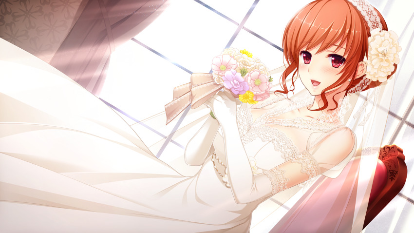 1girl, :d, blush, bouquet, bridal_veil, brown_hair, collarbone, dress