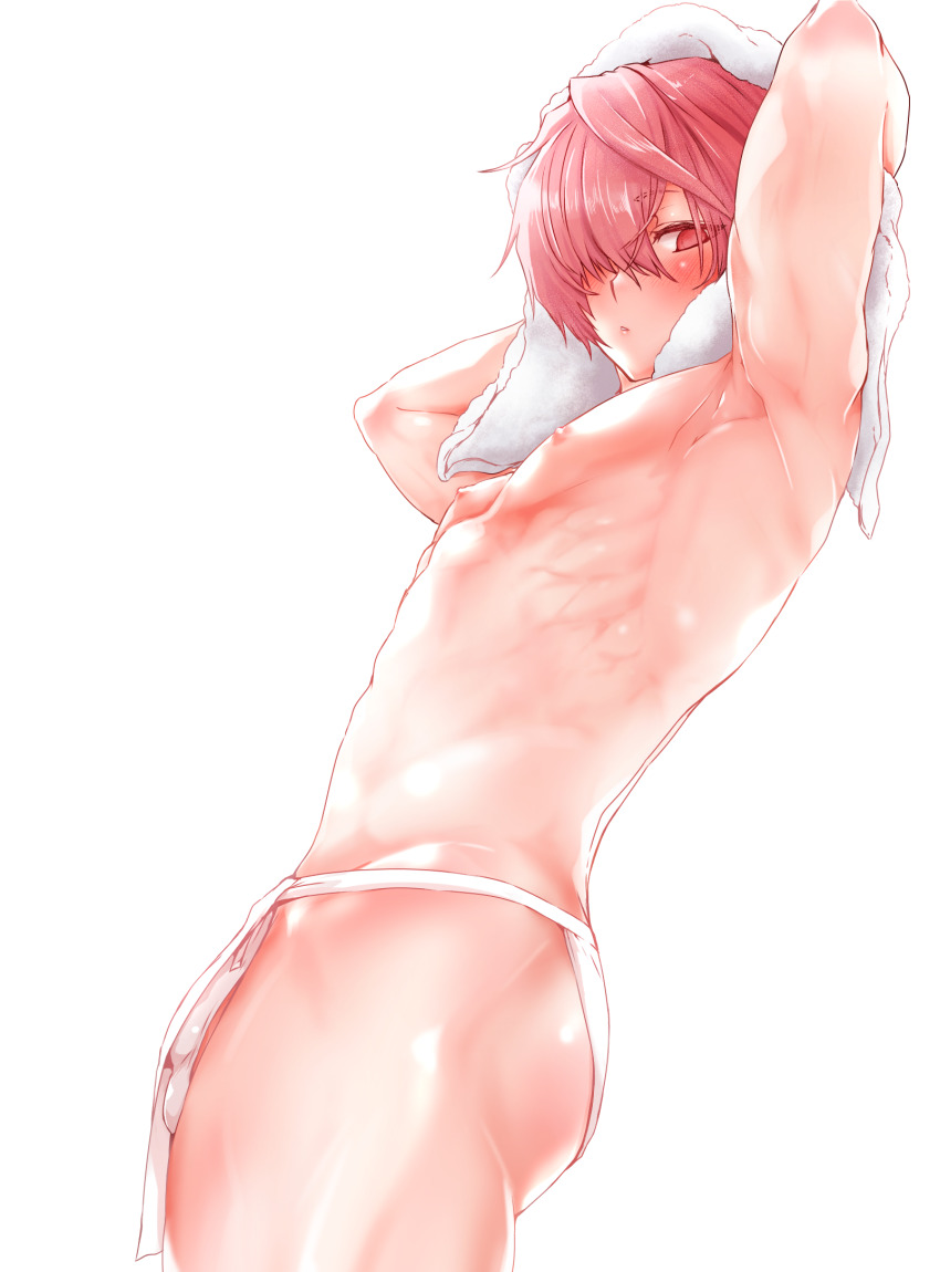 1boy, armpits, arms_behind_head, arms_up, ass, blush, bulge, cowboy_shot, drying, drying_hair, drying_own_hair, fate/grand_order, fate_(series), from_side, fundoshi, fuuma_kotarou_(fate), hair_over_one_eye, highres, holding, holding_towel, japanese_clothes, kamenakake, looking_at_viewer, male_focus, nipples, parted_bangs, parted_lips, pectorals, red_eyes, red_hair, shiny_skin, short_hair, solo, standing, toned, toned_male, towel, towel_on_head, trap, underwear, underwear_only