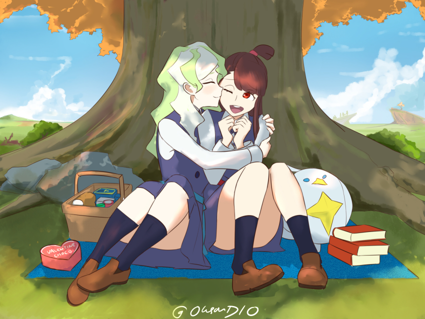 2021, 20s, alcor_(little_witch_academia), belt, blonde_hair, blue_belt, blue_sky, blush