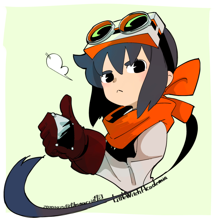 2020, 20s, absurdres, alternate_costume, black_eyes, blue_hair, bow, cloud, constanze_amalie_von_braunschbank-albrechtsberger, dated, gloves, goggles, goggles_on_head, green_background, highres, keisuke_sato, little_witch_academia, red_bow, red_neckwear, signature, thumbs_up