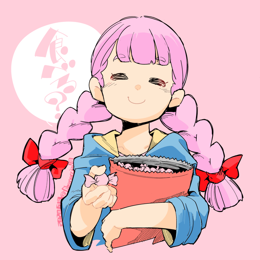 2020, 20s, absurdres, alternate_costume, bag, blue_hoodie, bow, braid, candy, dated, closed_eyes, food, highres, hood, hoodie, jasminka_antonenko, keisuke_sato, little_witch_academia, offering_food, pink_background, pink_hair, red_bow, signature, simple_background, speech_bubble, twin_braids