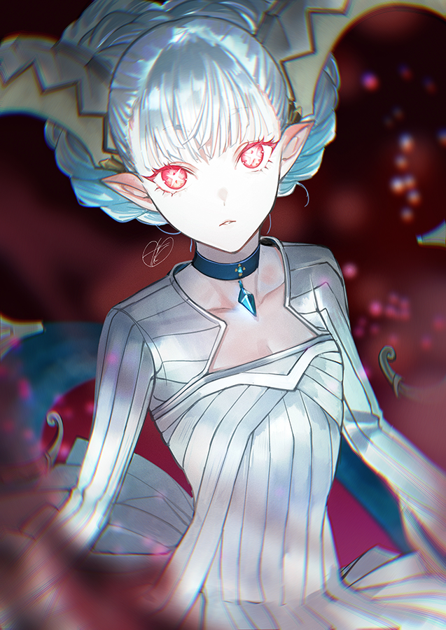 1girl, blunt_bangs, braid, collar, collarbone, commentary, curled_horns, dress