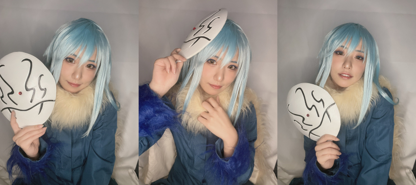 1other, absurdres, androgynous, arm_up, blue_hair, blue_jacket, cosplay, fur_trim, hair_between_eyes, highres, holding, holding_mask, jacket, japanese_(nationality), lipstick, long_hair, looking_at_viewer, makeup, mask, rimuru_tempest, rimuru_tempest_(cosplay), scarf, smile, teeth, tensei_shitara_slime_datta_ken, ukaru1207, white_mask, yellow_eyes