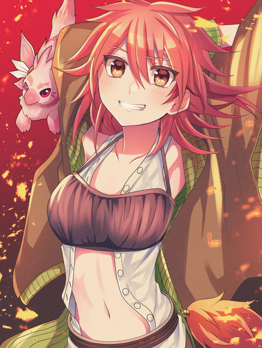 1girl, 1other, armpits, arms_up, bandeau, bare_shoulders, belt, black_bandeau, blouse, blush, breasts, brown_belt, brown_coat, coat, collarbone, commentary, cowboy_shot, creature, duel_monster, fire, grin, hair_between_eyes, highres, hiita, hiita_(yu-gi-oh!), hiita_the_fire_charmer_ablaze, long_hair, looking_at_viewer, medium_breasts, midriff, navel, open_clothes, open_coat, open_shirt, pinyata_(pinyaland), red_background, red_eyes, red_hair, shirt, sidelocks, simple_background, skirt, sleeveless, sleeveless_shirt, smile, standing, stretching, teeth, white_shirt, yu-gi-oh!