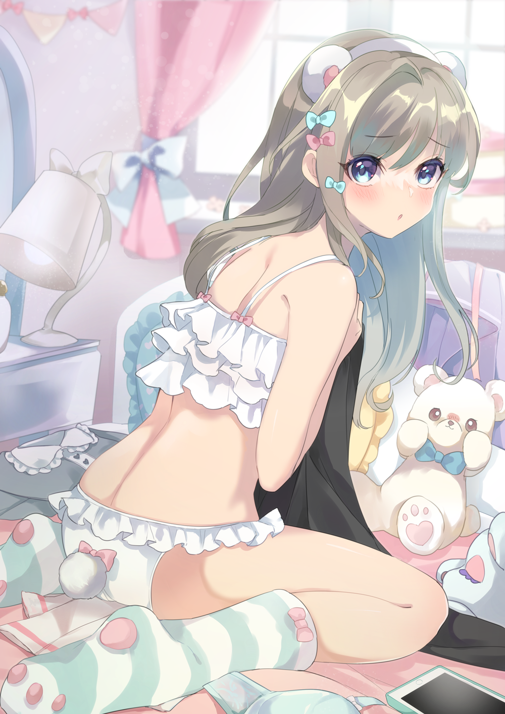 1girl, :o, animal_ears, ass, back, bear_ears, bear_tail, bed, bedroom, blue_eyes, blurry, blurry_background, blush, bow, bow_bra, bra, brown_hair, curtains, depth_of_field, fake_animal_ears, fake_tail, frilled_bra, frilled_panties, frills, highres, indoors, lamp, long_hair, on_bed, onbin_ha, original, panties, parted_lips, paw_print, print_socks, sitting, socks, solo, striped_clothes, striped_socks, stuffed_animal, stuffed_toy, tail, teddy_bear, underwear, underwear_only, wariza, window