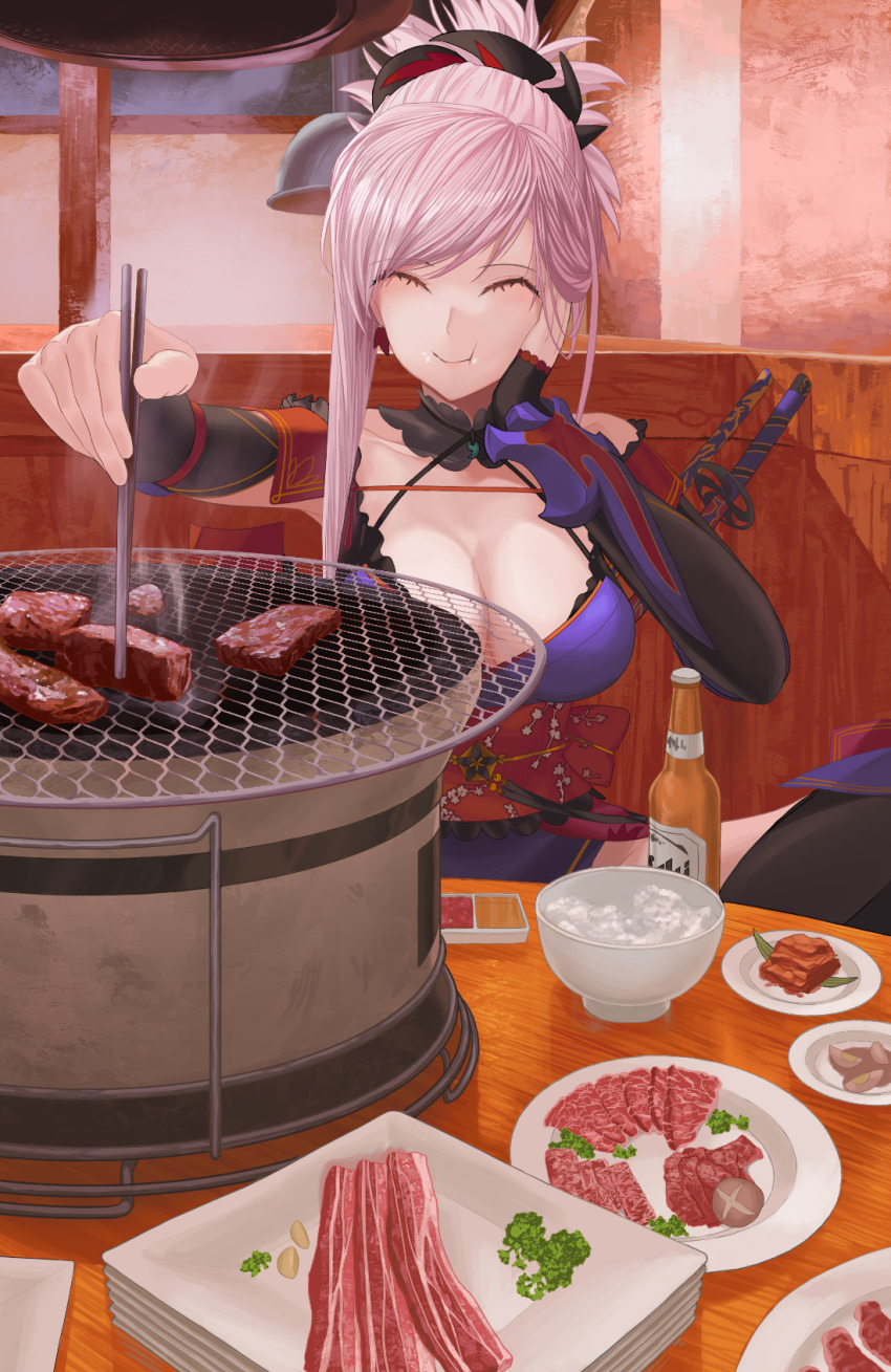 1girl, asymmetrical_hair, blue_kimono, bottle, bowl, breasts, chopsticks, closed_eyes, detached_sleeves, fate/grand_order, fate_(series), food, hair_ornament, highres, holding, holding_chopsticks, indoors, japanese_clothes, kimono, large_breasts, miyamoto_musashi_(fate), miyamoto_musashi_(second_ascension)_(fate), nanidato_(nanidat0), obi, pink_hair, plate, print_swimsuit, sash, sleeveless, sleeveless_kimono, solo, swept_bangs, swimsuit