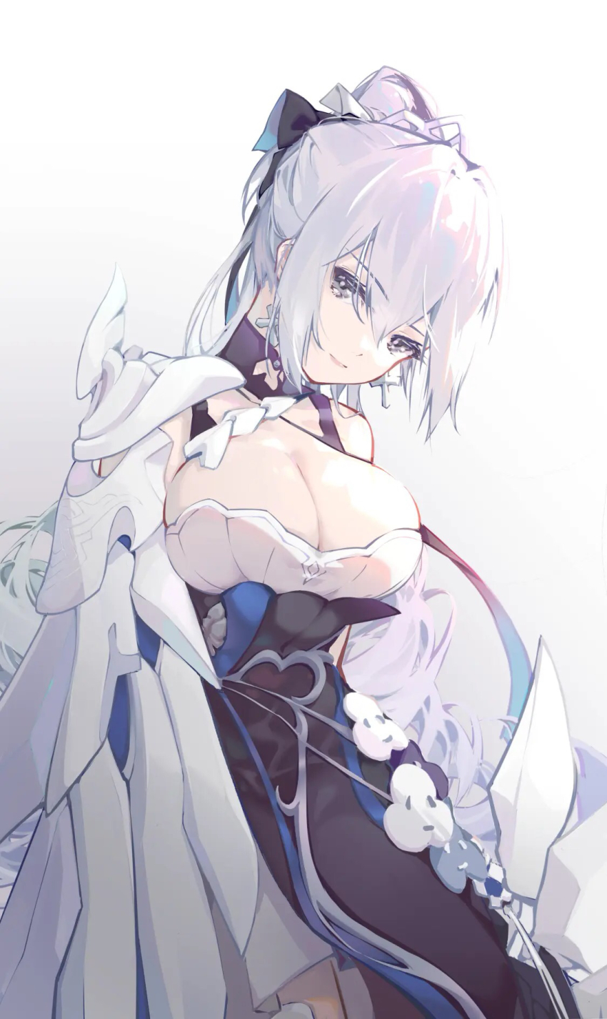 1girl, bare_shoulders, breasts, bronya_zaychik, bronya_zaychik_(silverwing:_n-ex), cleavage, closed_mouth, crown, dress, earrings, grey_background, grey_eyes, grey_hair, highres, honkai_(series), honkai_impact_3rd, jewelry, large_breasts, linxi, long_hair, looking_at_viewer, simple_background, single_sleeve, sleeveless, sleeveless_dress, smile, solo, white_dress, white_sleeves