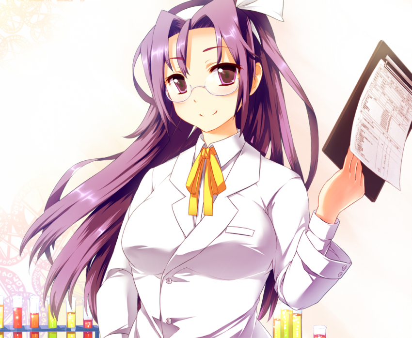 1girl, asakura_rikako, blouse, blue_vert, chart, clipboard, closed_lab_coat, female_focus