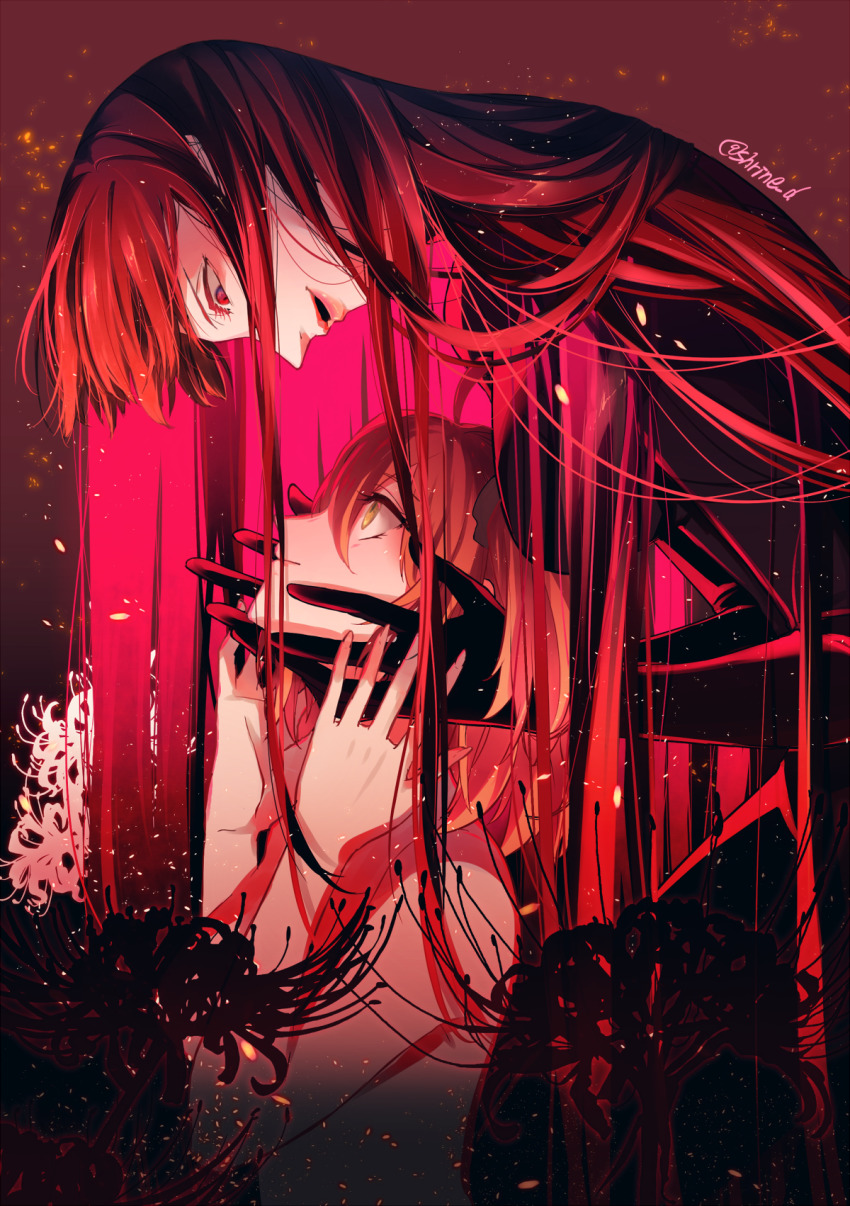 2girls, cowboy_shot, eye_contact, fate/grand_order, fate_(series), from_side, fujimaru_ritsuka_(female), hands_on_another's_cheeks, hands_on_another's_face, highres, long_hair, looking_at_another, multiple_girls, oda_nobunaga_(fate), oda_nobunaga_(maou_avenger)_(fate), orange_eyes, orange_hair, red_eyes, red_hair, shirin_(tsukimiyagura), side_ponytail, signature, very_long_hair, yandere, yuri