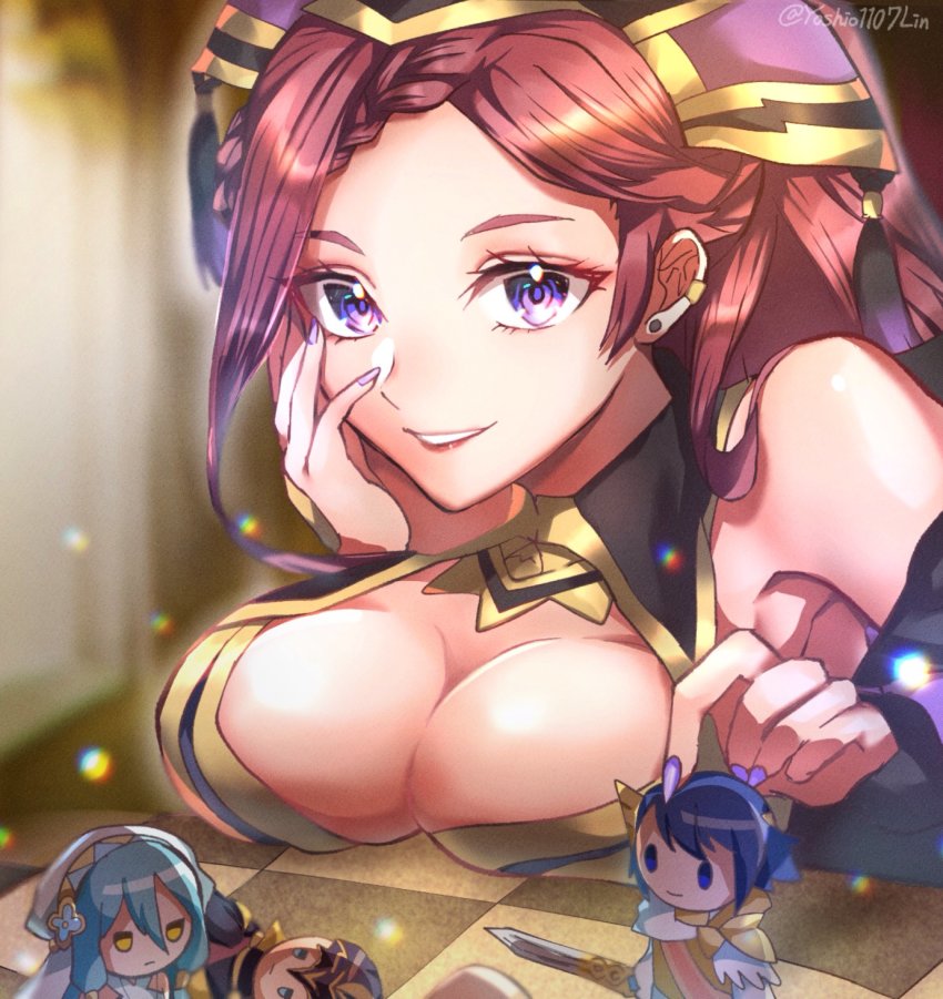 1girl, alfonse_(fire_emblem), azura_(fire_emblem), breasts, closed_mouth, earrings, fafnir_(fire_emblem), fire_emblem, fire_emblem_heroes, highres, jewelry, large_breasts, loki_(fire_emblem), long_hair, looking_at_viewer, nail_polish, nintendo, purple_eyes, purple_hair, smile, solo, upper_body, youhei_choregi