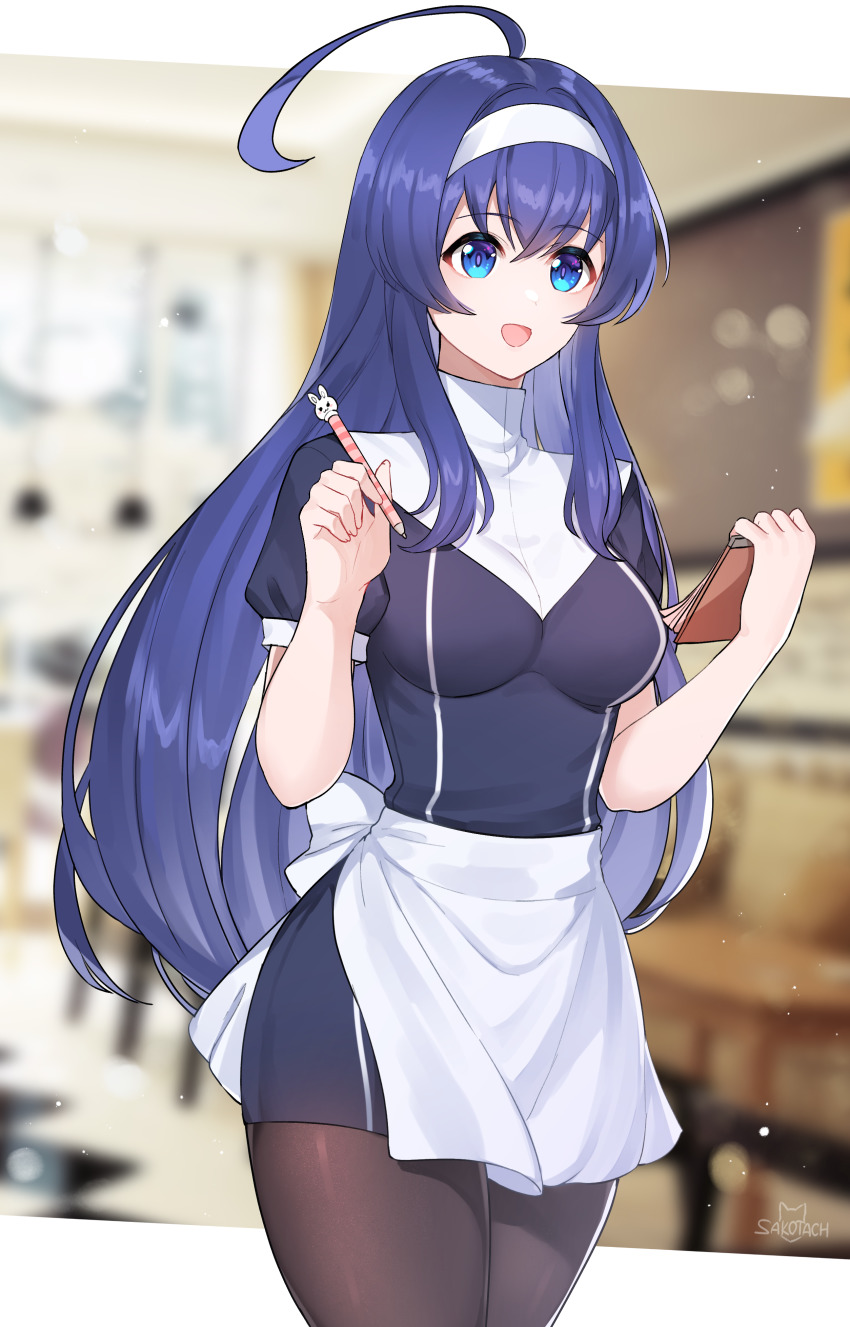 1girl, :d, absurdres, antenna_hair, apron, artist_name, blue_eyes, blue_hair, blurry, blurry_background, breasts, cafe, commentary_request, cowboy_shot, crossed_bangs, dark_blue_hair, hair_between_eyes, hand_up, headband, highres, holding, holding_notepad, holding_pen, long_hair, multicolored_eyes, notepad, nun, open_mouth, orie_ballardiae_harada, pantyhose, pen, sakotach, short_sleeves, smile, solo, standing, taking_order, under_night_in-birth, uniform, waitress, white_headband
