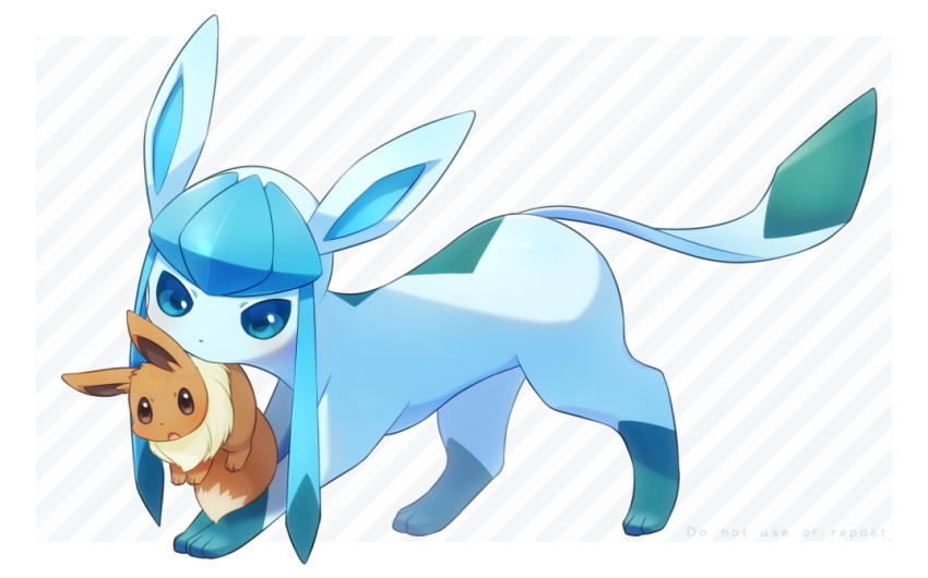 :o, alopias, blue_eyes, blush, carrying, commentary_request, eevee, gen_1_pokemon, gen_4_pokemon, glaceon, mouth_hold, nintendo, no_humans, pokemon, pokemon_(creature), scruffing, standing, striped_background, toes