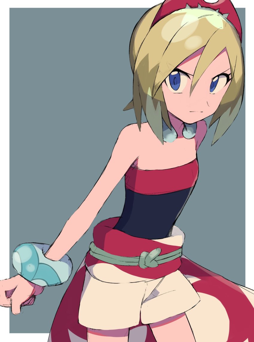 1girl, blonde_hair, blue_eyes, border, bracelet, closed_mouth, commentary, eyelashes, hair_between_eyes, hat, highres, irida_(pokemon), jewelry, looking_at_viewer, medium_hair, neck_ring, nintendo, outside_border, pokemon, pokemon_legends:_arceus, red_hat, red_shirt, sash, shirt, shorts, solo, split_mouth, strapless, strapless_shirt, tyako_089, waist_cape, white_border, white_shorts