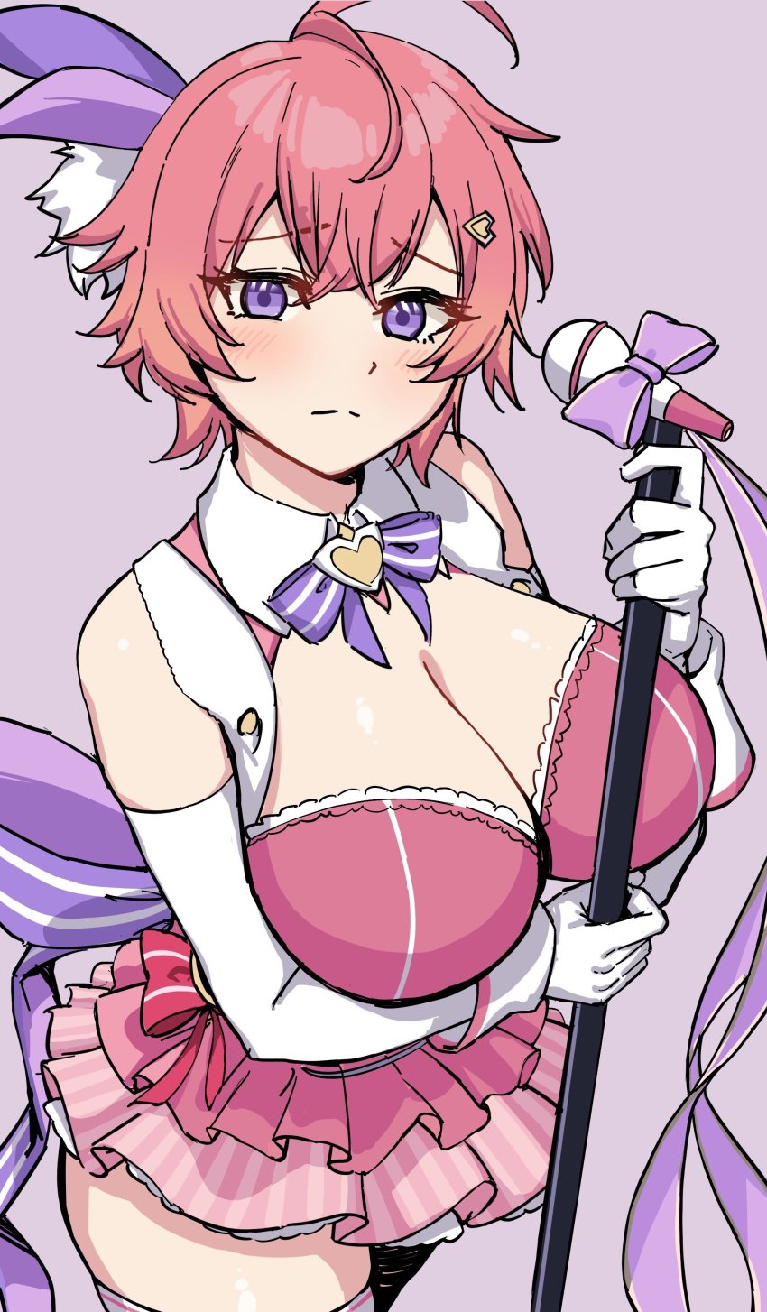 1girl, absurdres, ahoge, bare_shoulders, breasts, bustier, cleavage, crossed_bangs, gloves, guardian_tales, hair_ornament, highres, holding, idol, idol_captain_eva, large_breasts, looking_at_viewer, period_(anony_83), pink_hair, purple_eyes, purple_ribbon, ribbon, short_hair, simple_background, solo, white_gloves