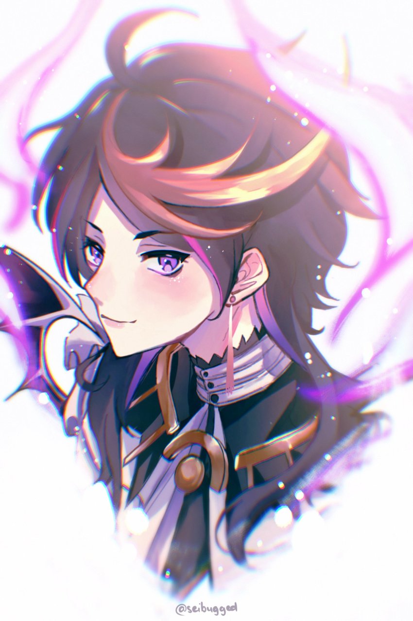 1boy, black_hair, blush, brown_hair, cropped_torso, earrings, fire, from_side