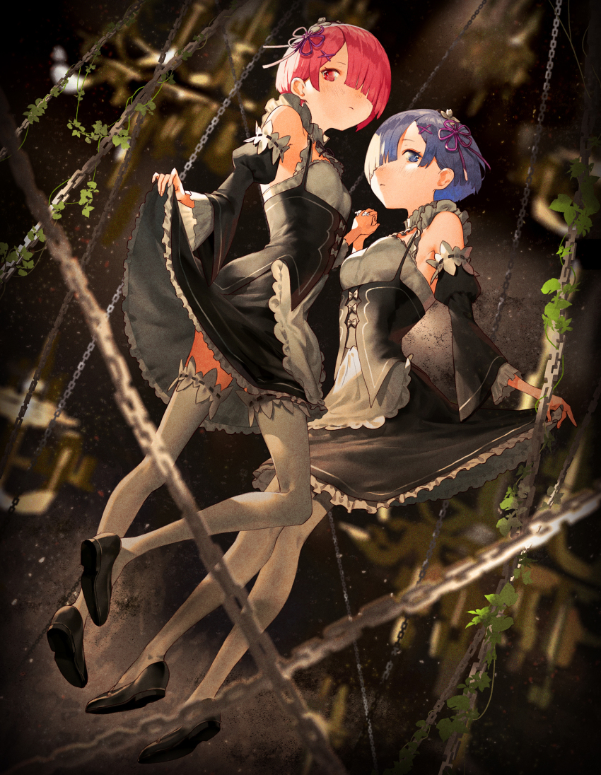 2girls, apron, bare_shoulders, black_corset, black_footwear, black_skirt, blue_eyes, blue_hair