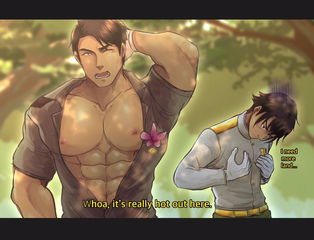 2boys, abs, alternate_pectoral_size, arm_behind_head, axis_powers_hetalia, bara, bare_pectorals, blush, breast_envy, brown_hair, brown_shirt, character_request, halcyd_(halcydaz), indonesia_(hetalia), large_pectorals, male_focus, multiple_boys, muscle_envy, muscular, muscular_male, navel, nipples, open_clothes, open_shirt, pectorals, shirt, short_hair, size_difference, stomach, subtitled, tree, upper_body