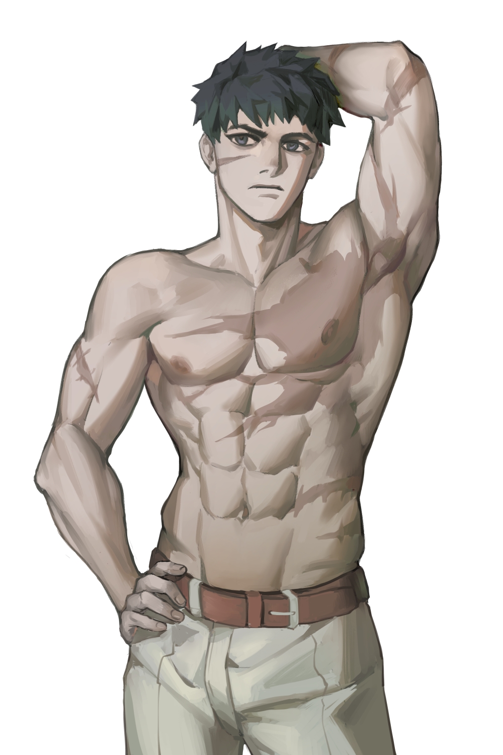 1boy, abs, aixiwuganda_(20222192), alchemy_stars, arm_behind_head, armpits, bara, black_hair