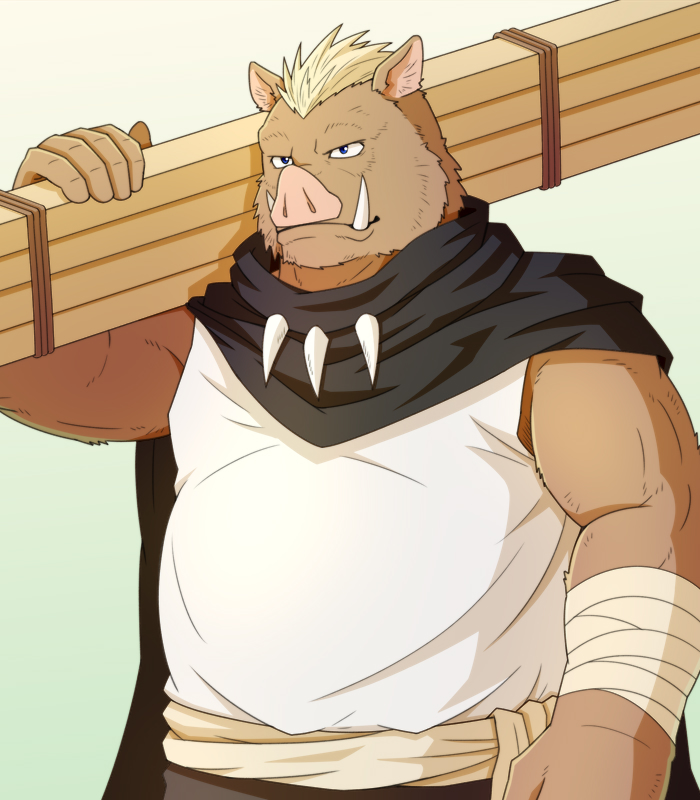 1boy, animal_ears, belly, boar_boy, boar_ears, brown_fur, carrying_over_shoulder, furry, furry_male, geld_(tensura), male_focus, muscular, muscular_male, necklace, oro_(ororwide11), sleeveless, snout, solo, tensei_shitara_slime_datta_ken, tooth_necklace, tusks, upper_body