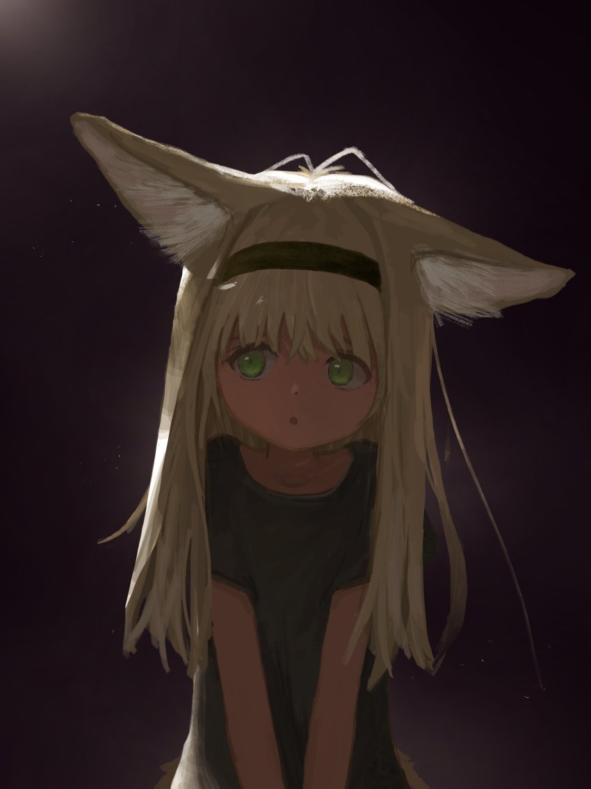 1girl, :o, absurdres, alternate_hairstyle, animal_ears, arknights, black_shirt, blonde_hair, ears_down, fox_ears, fox_girl, green_eyes, hair_down, hairband, highres, long_hair, looking_to_the_side, mani_tamlyn, shirt, short_sleeves, solo, suzuran_(arknights)