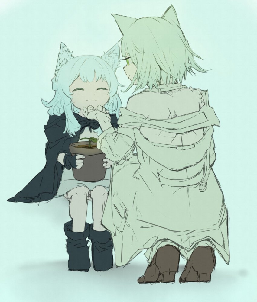 2girls, aged_down, animal_ears, arknights, bare_shoulders, cat_ears, cat_girl, cloak, closed_eyes, closed_mouth, flower_pot, highres, hood, hood_down, hooded_cloak, kal'tsit_(arknights), lab_coat, long_hair, multiple_girls, noha_kome, off_shoulder, rosmontis_(arknights), short_hair, smile