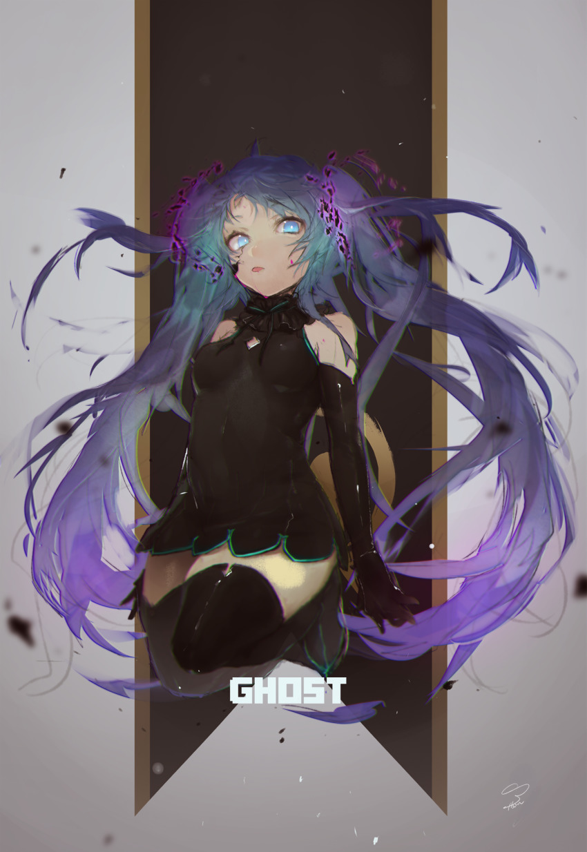 1girl, alternate_costume, aqua_hair, bare_shoulders, black_boots, black_choker, black_dress, black_gloves