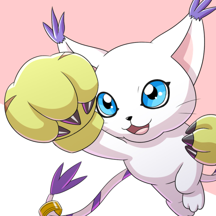1girl, :3, :d, blue_eyes, cat, claws, commentary, digimon