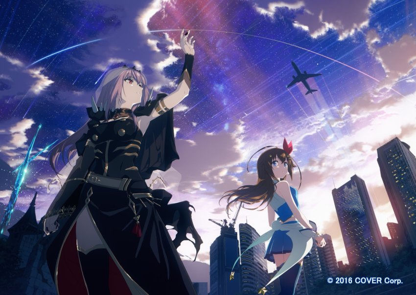 2girls, ahoge, aircraft, airplane, arm_up, armlet, belt, black_cloak