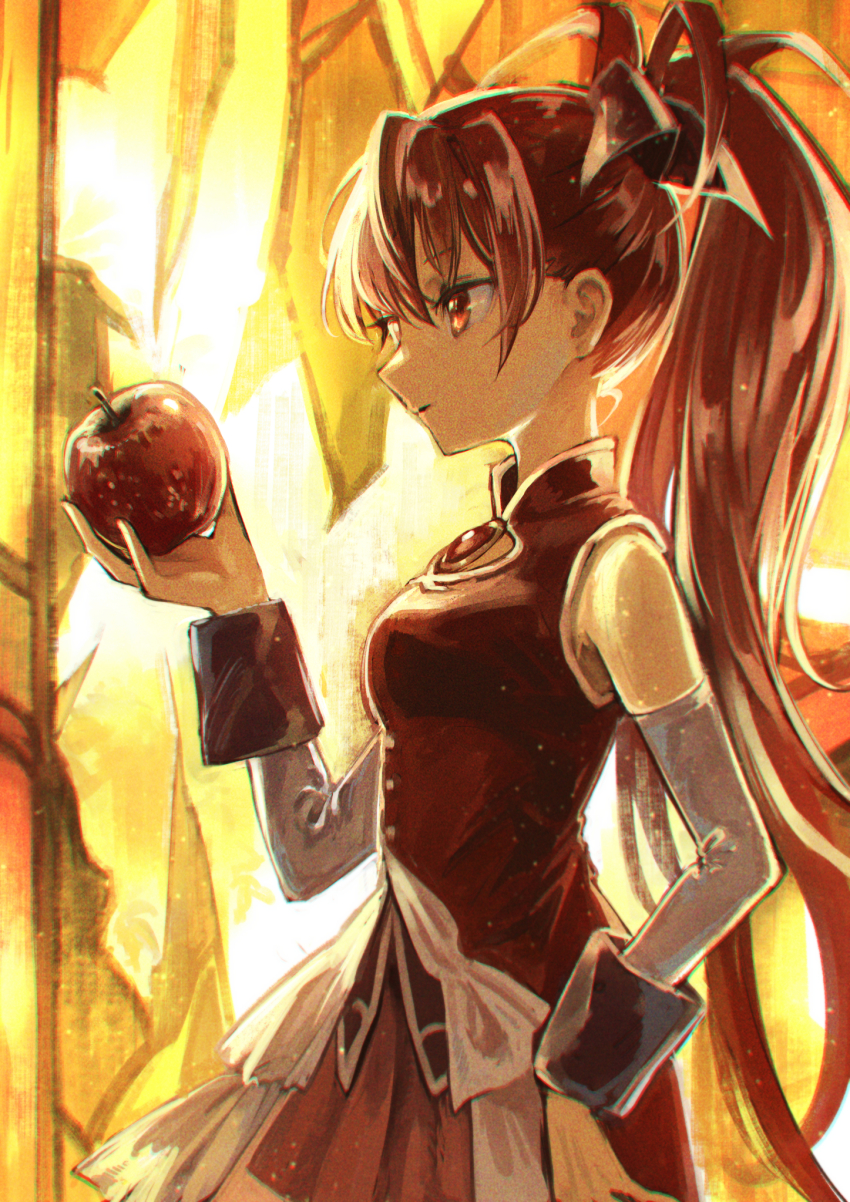 1girl, apple, breasts, broken_glass, brown_hair, closed_mouth, detached_sleeves, dress