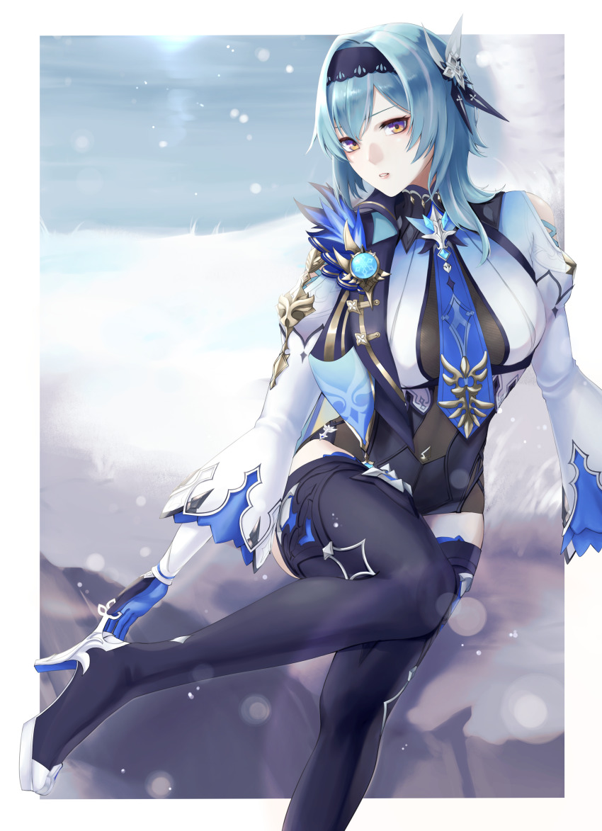 1girl, absurdres, black_gloves, black_hairband, black_jumpsuit, black_thighhighs, blue_gloves, blue_hair