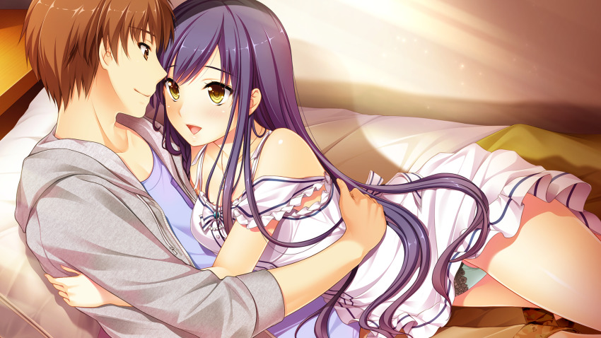 1boy, 1girl, :d, bed_sheet, blue_hair, blue_shirt, brown_eyes, brown_hair, brown_pants, closed_mouth, clothes_lift, collarbone, couple, dress, dress_lift, eye_contact, game_cg, grey_jacket, hetero, highres, hino_ryousuke, hood, hood_down, hooded_jacket, hoshi_ori_yume_mirai, iizuki_tasuku, indoors, jacket, long_hair, long_sleeves, looking_at_another, narusawa_rikka, on_bed, open_clothes, open_jacket, open_mouth, panties, pants, pantyshot, pillow, shiny_skin, shirt, short_dress, short_hair, sleeveless, sleeveless_dress, smile, straight_hair, sunlight, underwear, very_long_hair, white_dress, yellow_eyes